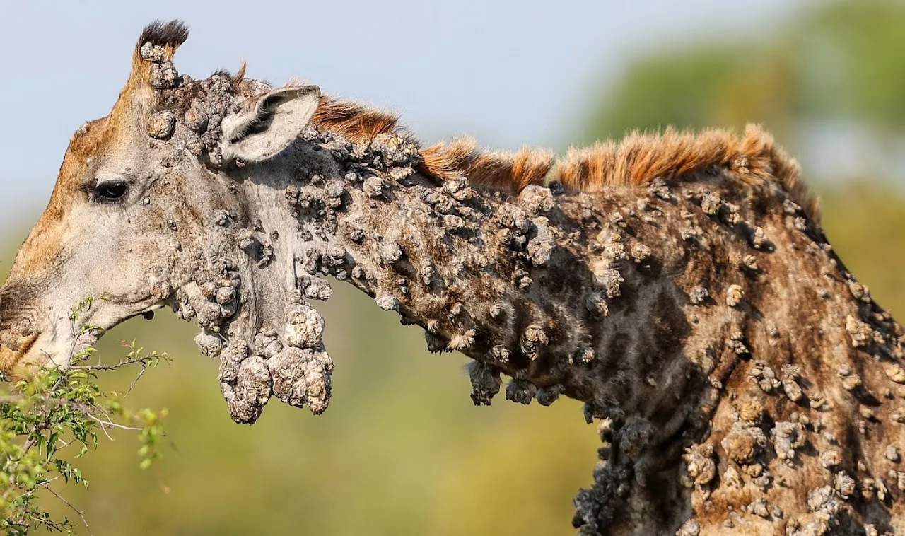 A giraffe affected by disease