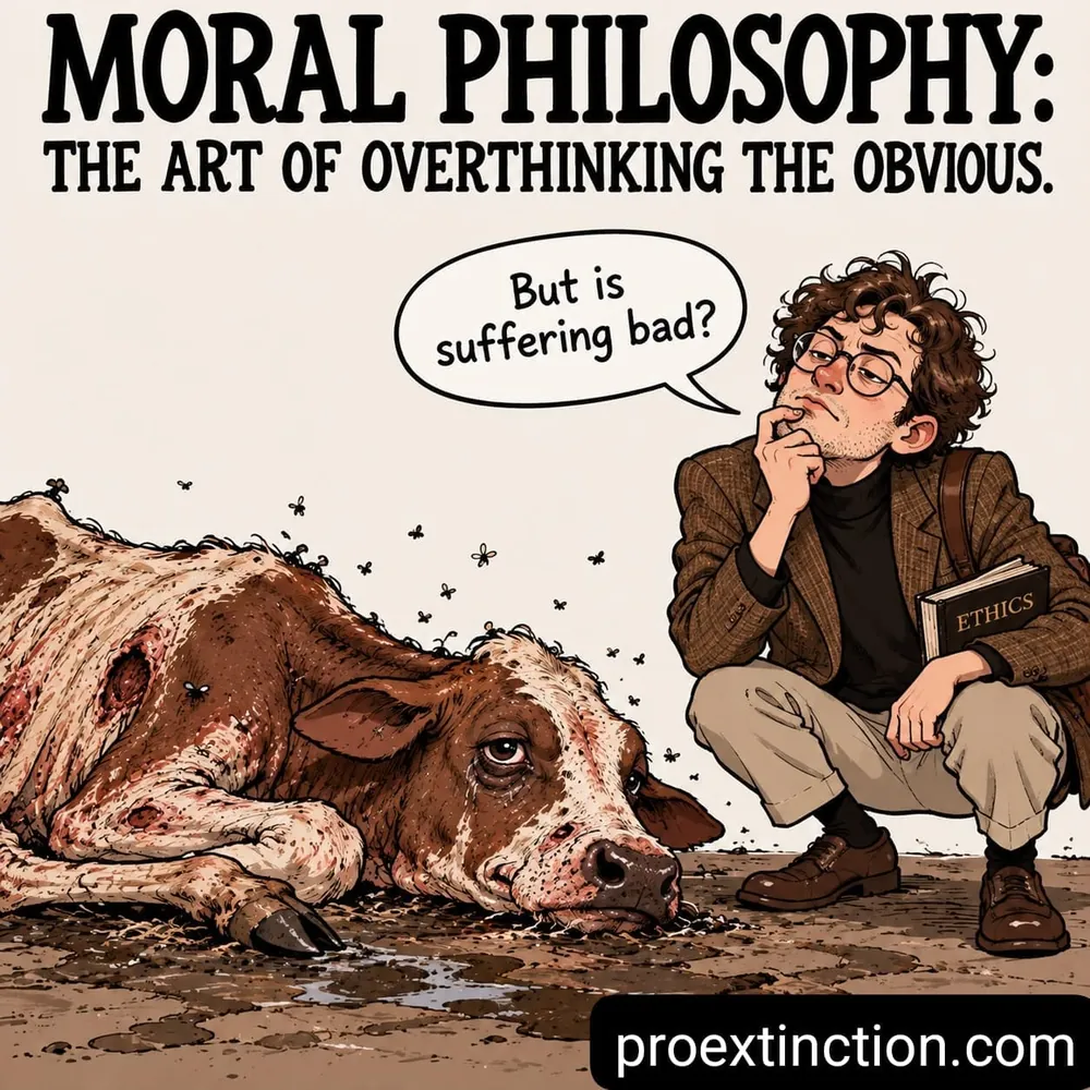 Cartoon with the title "Moral philosophy: the art of overthinking the obvious." A philosopher with a book on ethics squats next to a sick, wounded cow lying on the ground and asks: "But is suffering bad?"