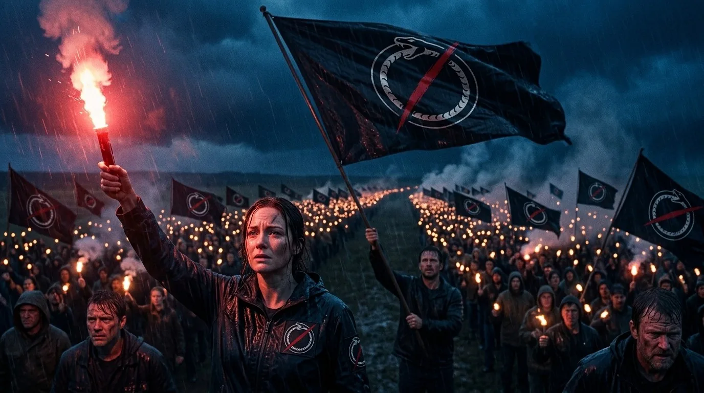 Illustration: a woman raises a red flare at a night rally in the rain, with thousands of torches and black Pro Extinction flags behind her