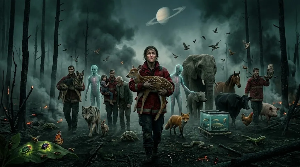 Illustration: a woman carries a fawn through a burnt forest, followed by people, wild and farm animals, insects and aliens, with Saturn in the sky