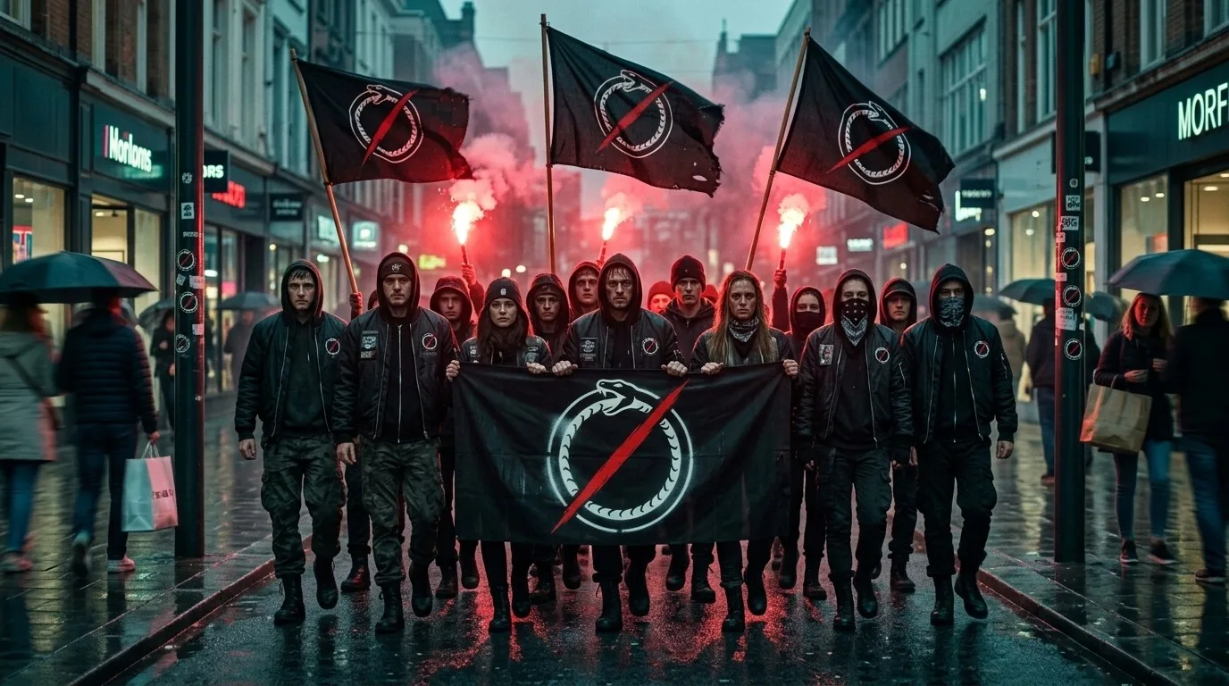 Illustration: masked activists with flares and black Pro Extinction flags hold a banner with the logo in a rainy shopping street