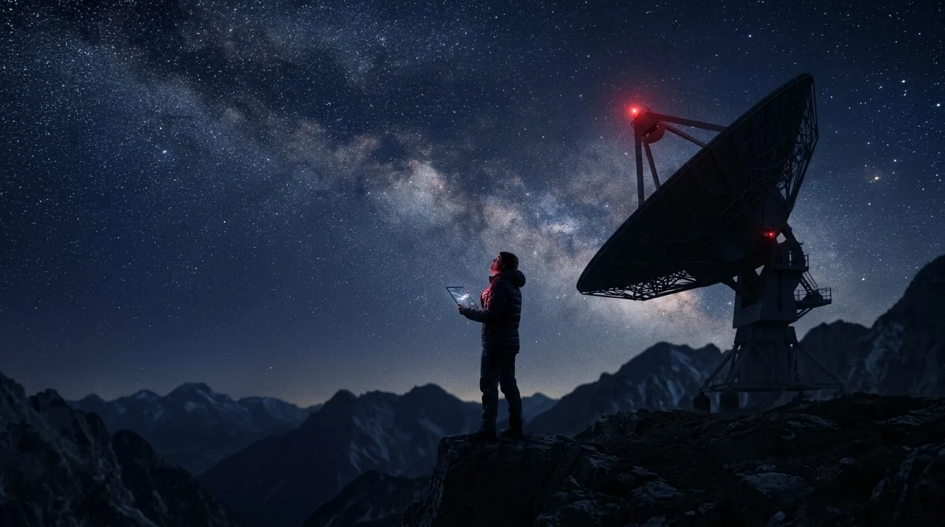 Illustration: a person with a tablet stands on a mountain at night next to a radio telescope under the Milky Way